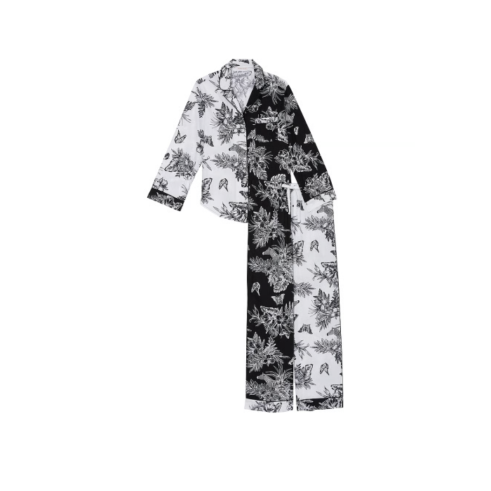 Піжама Cotton Long Pajama Set Black & White Tropical Toile
