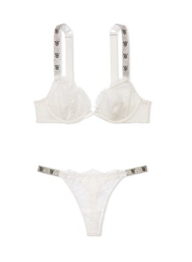 Комплект белья Shine Strap Unlined Low-Cut Lace Demi Bra Thong Set Coconut White