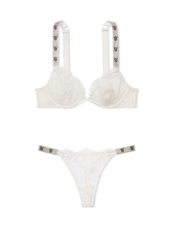 Комплект белья Shine Strap Unlined Low-Cut Lace Demi Bra Thong Set Coconut White