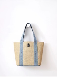 Сумка Victoria’s Secret Beach Tote Bag Pool Straw Raffia Woven Beige Blue Logo Large