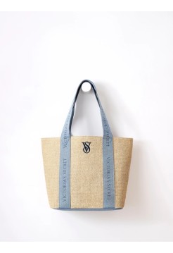 Сумка Victoria’s Secret Beach Tote Bag Pool Straw Raffia Woven Beige Blue Logo Large
