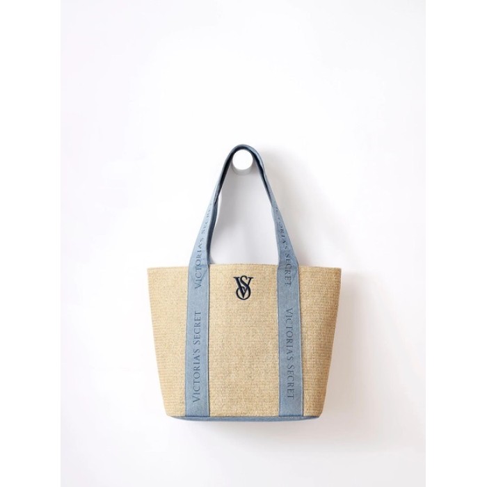 Сумка Victoria’s Secret Beach Tote Bag Pool Straw Raffia Woven Beige Blue Logo Large