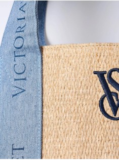 Сумка Victoria Secret Beach Tote Bag Pool Straw Raffia Woven Beige Blue Logo Large