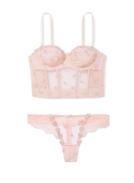 Комплект белья Rosebud Embroidery Unlined Strapless Plunge-Back Corset Top Set Pink Fizz