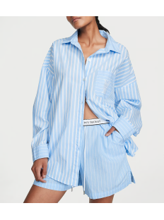 Піжама Cotton Long-Sleeve Shirt & Shorts Set Bikini Blue Stripes