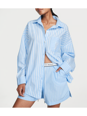 Піжама Cotton Long-Sleeve Shirt & Shorts Set Bikini Blue Stripes