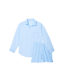 Пижама Cotton Long-Sleeve Shirt & Shorts Set Bikini Blue Stripes