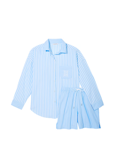 Піжама Cotton Long-Sleeve Shirt & Shorts Set Bikini Blue Stripes