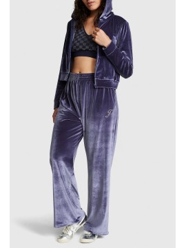 Спортивный костюм Velour Shine Logo Full-Zip Crop Hoodie Wide-Leg Midnight Navy