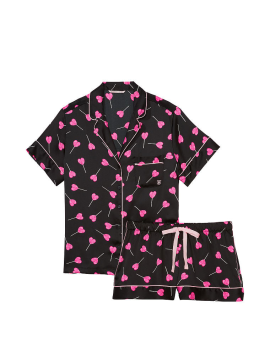 Пижама Satin Short Pajama Set Black Hearts