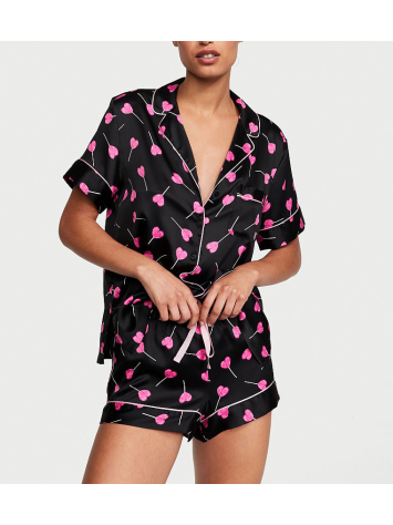 Піжама Satin Short Pajama Set Black Hearts