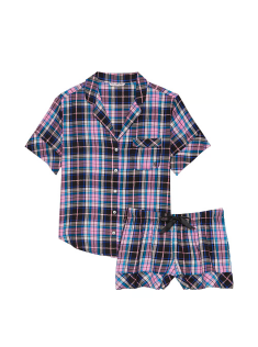 Піжама Flannel Short Pajama Set Pink Blue & Black Plaid