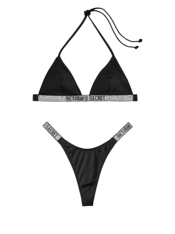 Купальник черный Triangle Shine Strap Swim Top & Thong bottom