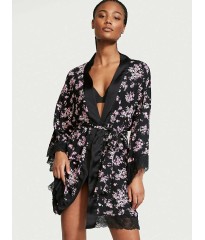 Чорний сатиновий халат Victoria's Secret Lace Inset Robe Floral print