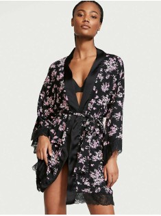 Чорний сатиновий халат Victoria's Secret Lace Inset Robe Floral print