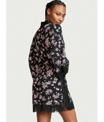 Черный сатиновый халат Victoria’s Secret  Lace Inset Robe Floral print