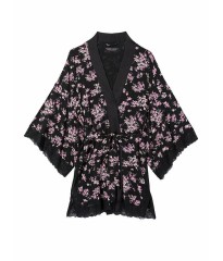 Чорний сатиновий халат Victoria's Secret Lace Inset Robe Floral print