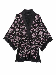 Чорний сатиновий халат Victoria's Secret Lace Inset Robe Floral print