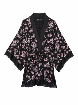 Черный сатиновый халат Victoria’s Secret  Lace Inset Robe Floral print
