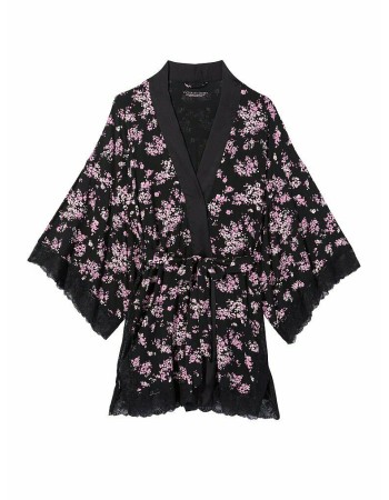 Черный сатиновый халат Victoria’s Secret  Lace Inset Robe Floral print