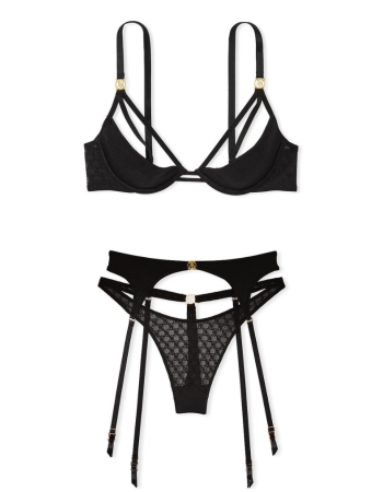 Комплект белья Logo Lace Open-Cup Demi Bra Garter Black Set