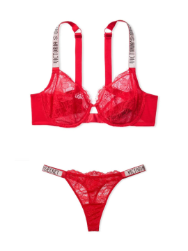 Комплект белья Unlined Lace Shine Strap 3-Piece Full Cup Demi Bra Set Lipstick