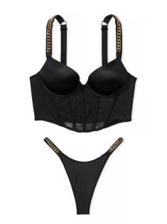 Комплект белья Bombshell Add-2-Cups Chain Strap Corset Top Black Thong Set