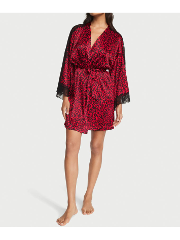 Сатиновий халат Lace Inset Robe Red Leopard