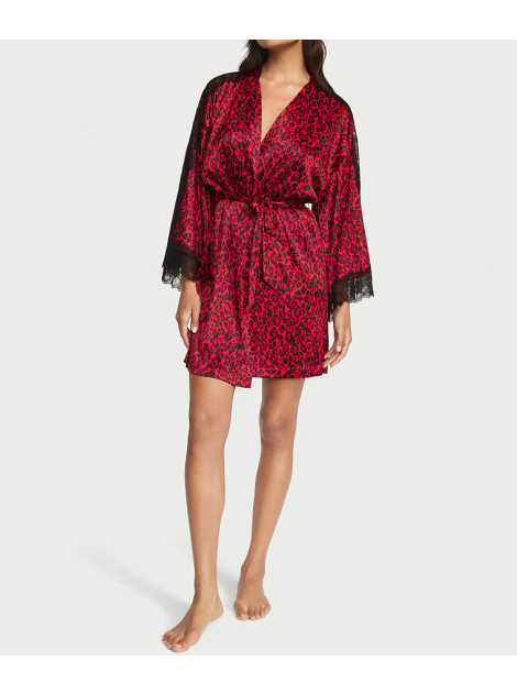 Сатиновый халат Lace Inset Robe Red Leopard