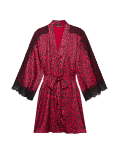 Сатиновий халат Lace Inset Robe Red Leopard