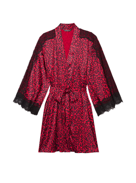 Сатиновый халат Lace Inset Robe Red Leopard