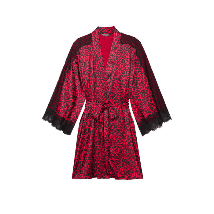 Сатиновий халат Lace Inset Robe Red Leopard