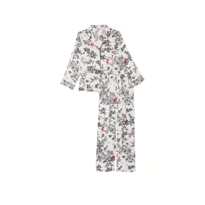 Сатинова піжама Satin Long Pajama Set White Floral Print