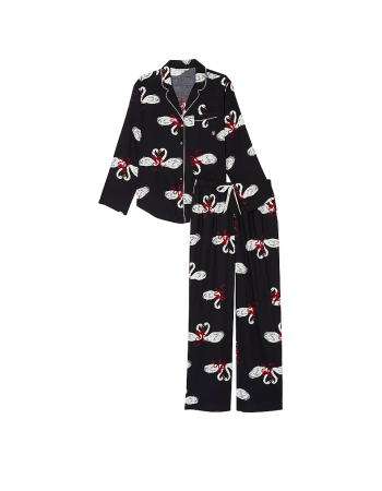 Піжама Flannel Long Pajama Set Black Fancy Swans
