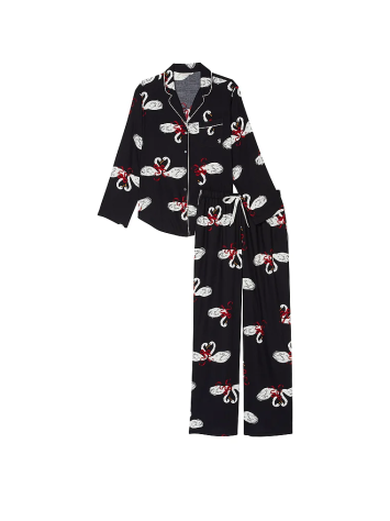 Піжама Flannel Long Pajama Set Black Fancy Swans