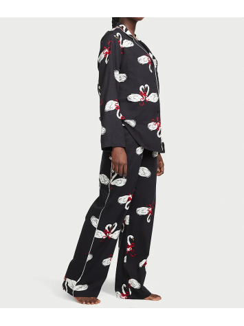 Піжама Flannel Long Pajama Set Black Fancy Swans