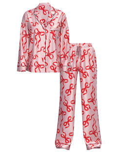 Сатинова піжама Glazed Satin Long Pajama Set Chalk Rose Bows