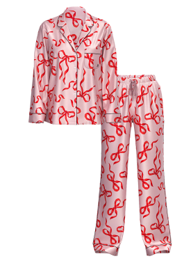 Сатиновая пижама Glazed Satin Long Pajama Set Chalk Rose Bows