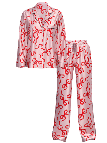 Сатинова піжама Glazed Satin Long Pajama Set Chalk Rose Bows