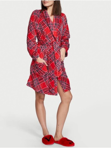 Халат Victoria's Secret Logo Short Cozy Robe Red plaid