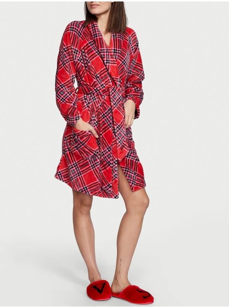Халат Victoria's Secret Logo Short Cozy Robe Red plaid