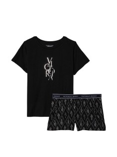 Піжама Victoria's Secret Cotton Sleep Shirt Boxer Short Set Black Logo