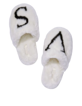 Домашні капці Victoria's Secret White Logo Faux Fur Slippers