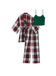 Піжама Victoria's Secret Flannel 3-Piece Set White Green Plaid