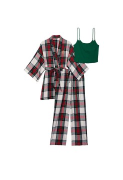 Пижама Victoria’s Secret Flannel 3-Piece Set White Green Plaid