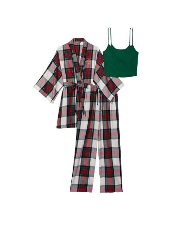 Піжама Victoria's Secret Flannel 3-Piece Set White Green Plaid