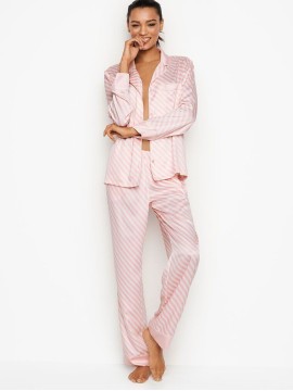 Пижама розовая в полоску Victoria’s Secret Signature Stripes The Satin Long PJ Set 