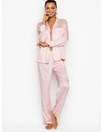 Піжама рожева в смужку Victoria's Secret Signature Stripes Satin Long PJ Set