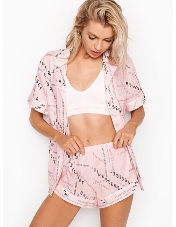 Пижама Victoria’s Secret The Lightweight Boxer PJ SET Print ANGEL PINK TYPED LOGOS VS