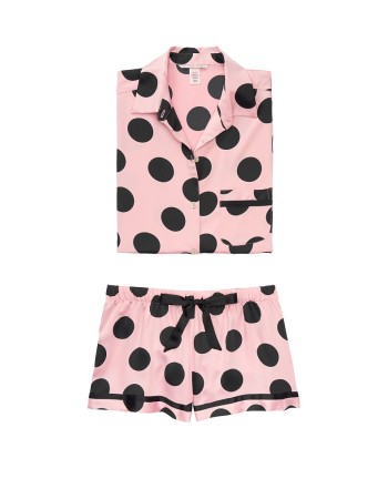 Сатинова піжама Victoria's Secret Satin PJ Set Short PINK/BLACK DOT